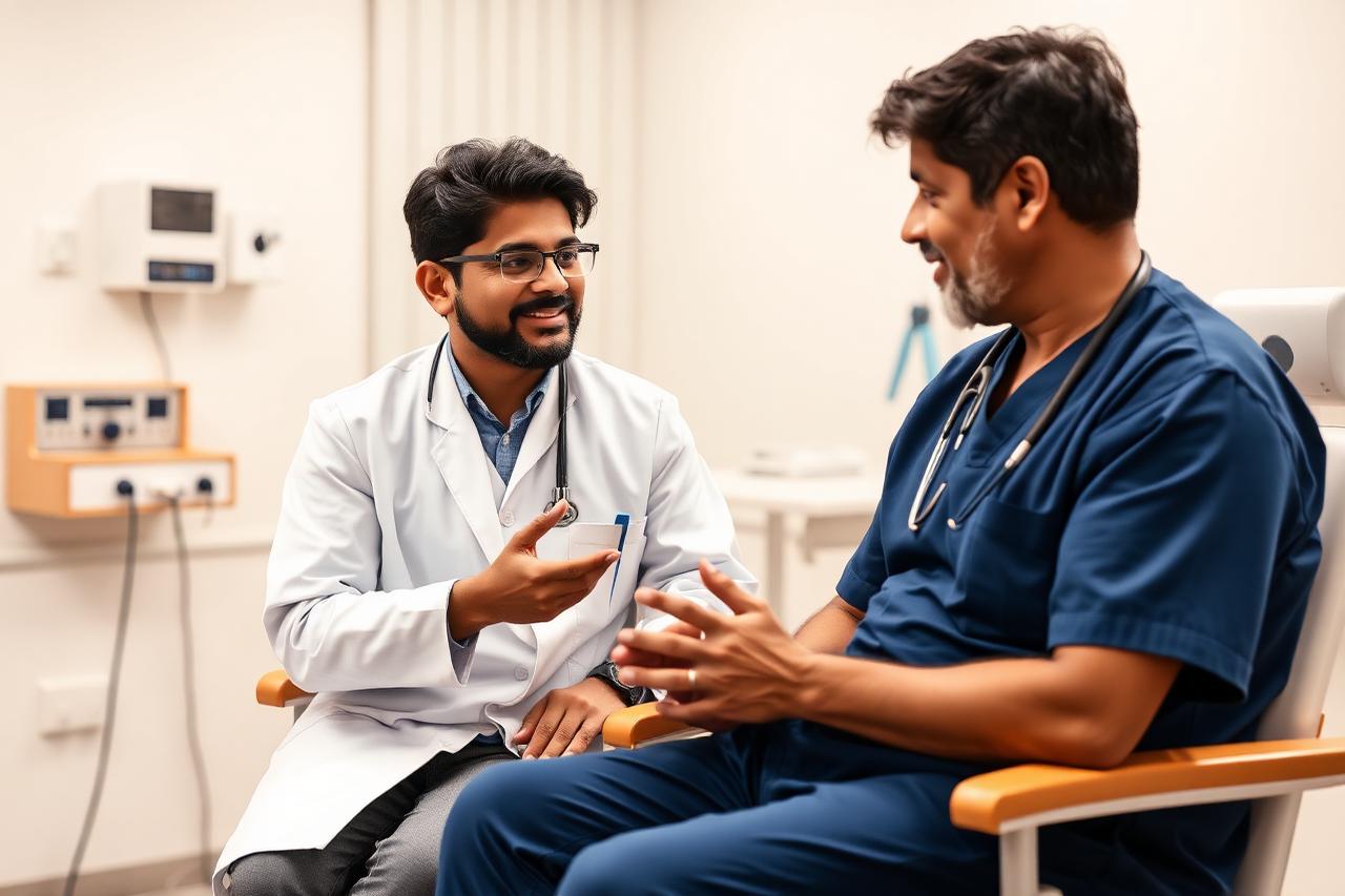Surgeon explaining laser piles treatment to a patient during consultation
