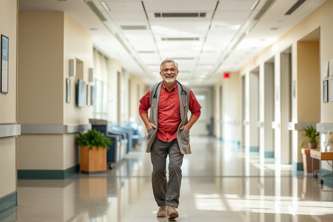 Patient walking out of the hospital after same-day daycare laser surgery